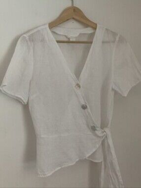 H&M Premium Collection 100% Linen White Wrap Top Peplum Button Tie Blouse